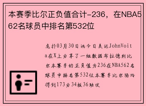 本赛季比尔正负值合计-236，在NBA562名球员中排名第532位
